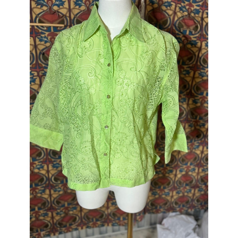 Keren Hart Floral Embroidered Sheer Blouse Top Green Button Down Small